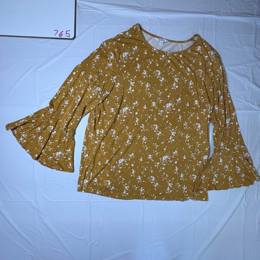 sweetGREY Mustard Yellow Floral Bell Sleeve Top Womens Large 19203 Boho Rayon